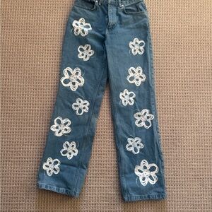 Ragged Priest Bud Dad Women's Blue Jeans with White Floral Design